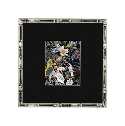 Vintage Botanical Tiger & Flowers FRAMED | Exotic Wildlife Canvas Print | Vintage Botanical Decor |Silver Bamboo Frame Wall Art |  Living Room & Study Art