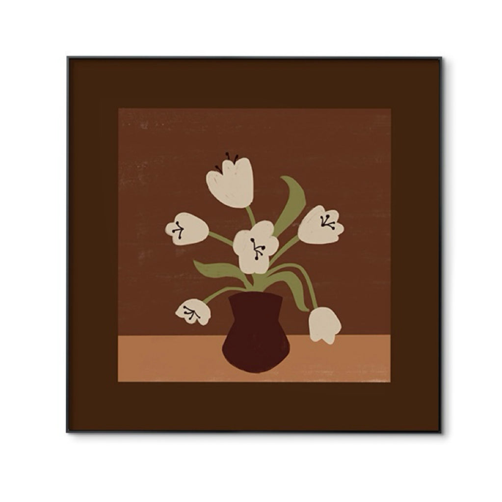 Retro White Tulips FRAMED | Minimalist Floral Canvas Print | Black Aluminium Frame Wall Art | Retro Botanical Décor | Living Room & Bedroom Art