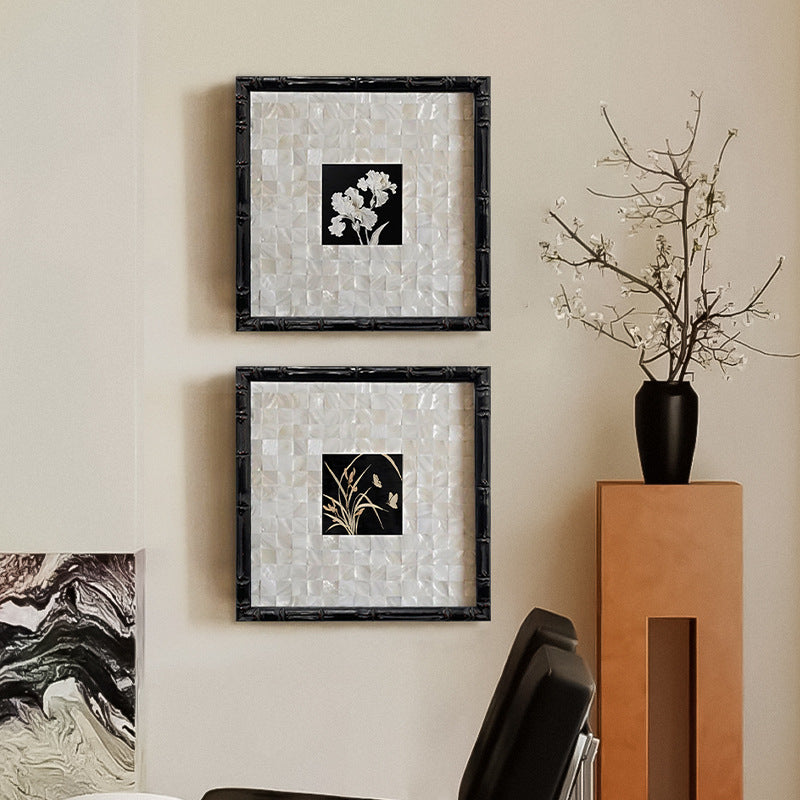 Botanical Harmony FRAMED | Shell Art Canvas Print | Bamboo Frame Wall Art | Nature & Butterfly Décor | Living Room & Study Art