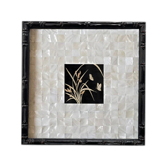 Botanical Harmony FRAMED | Shell Art Canvas Print | Bamboo Frame Wall Art | Nature & Butterfly Décor | Living Room & Study Art